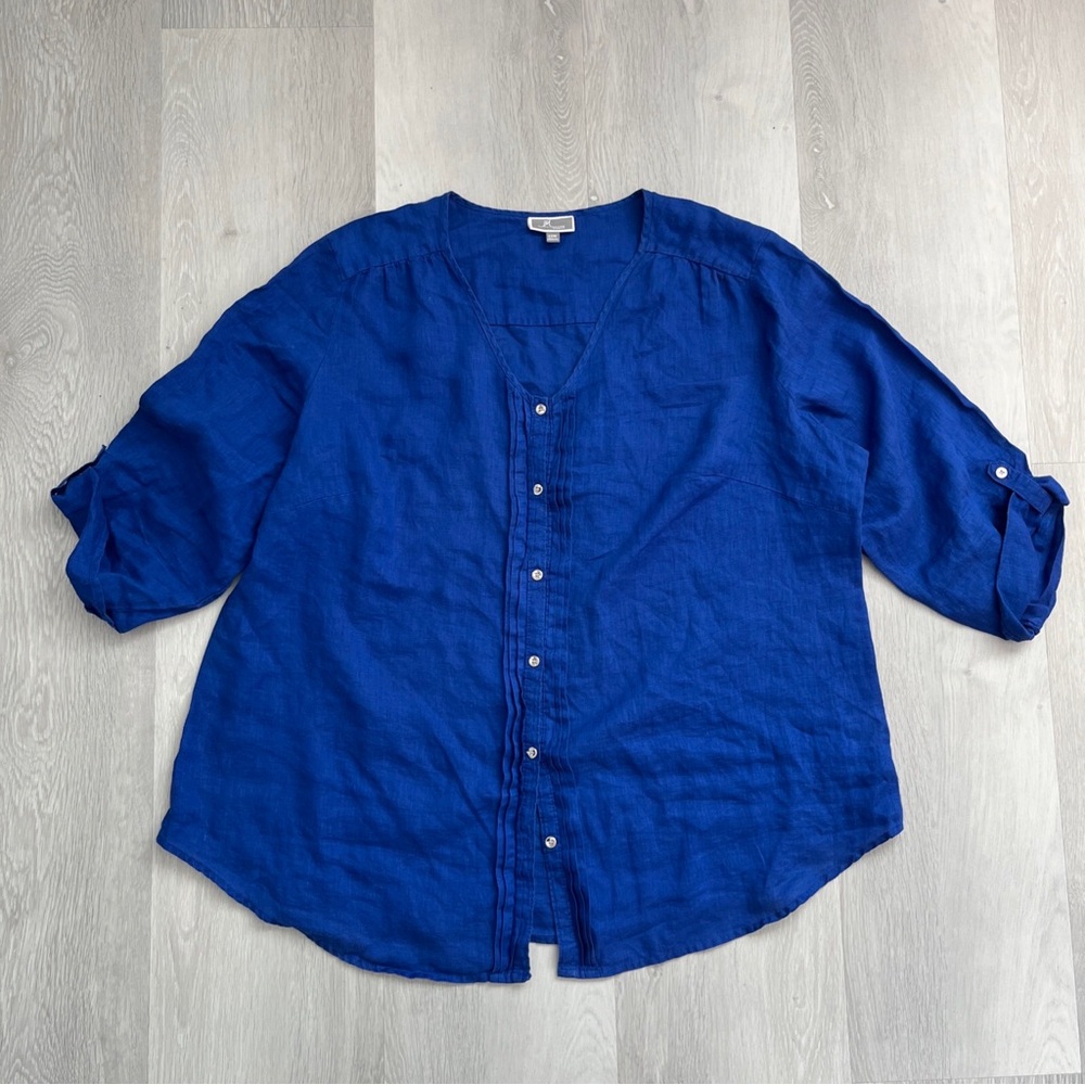 JM COLLECTION LINEN SHIRT ROYAL BLUE V NECK SHORT SLEEVE COLLARLESS BUTTON FRONT
